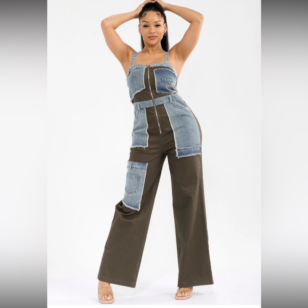 Stylish Womens sleeveless Zip UP Pocket Denim Contrast Wide Leg Jumpsuit
